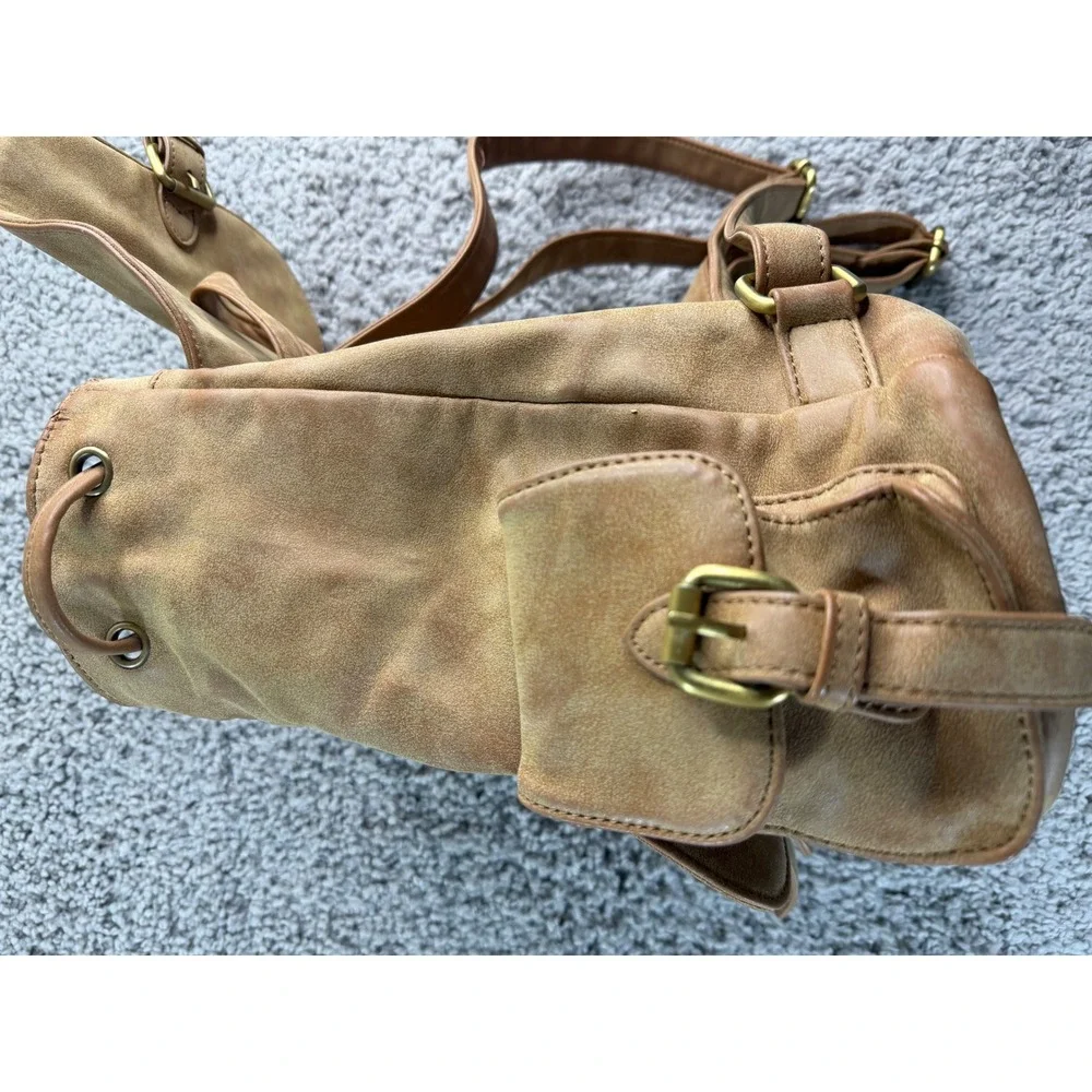Urban Expressions Tan Faux Suede Buckle Backpack Camel Distressed Boho Bag